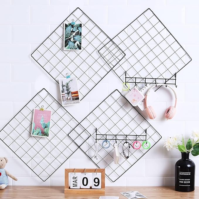 Feadily 6 Pack Metal Grid Panel, 13.8" x 13.8" Black Wire Grid Wall Organizer for Photos, Notes & Decor, Include 2 Hook Racks