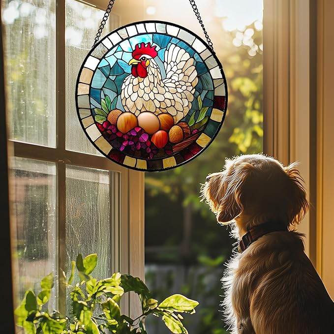 DASTOLL Stained Glass Window Hanging White Chicken Hatching Eggs Large 11.8" - Suncatcher Door Garden Sunroom Sun Catcher Home Decor Birthday Christmas for Mom Men Woman Nana