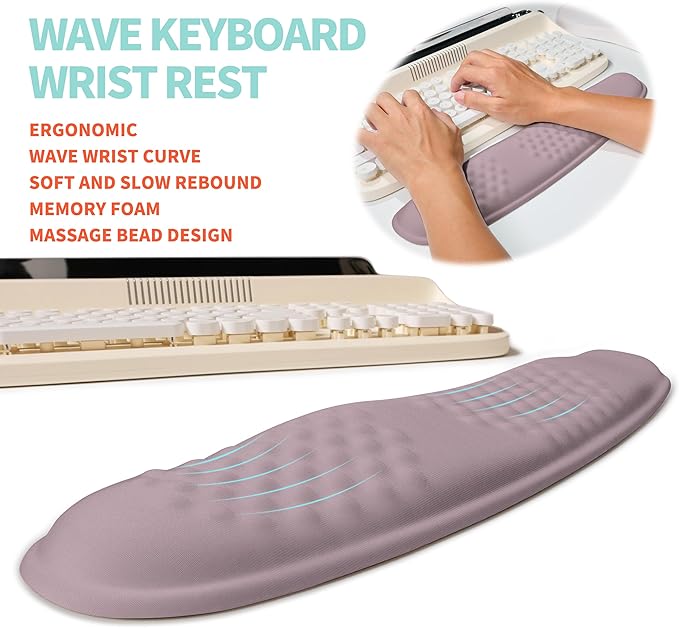 KUOSGM 2-in-1 Ergonomic Set, Wave Rise Keyboard Wrist Rest and Massage Bulge Slope Mouse Pad Wrist Support, Cushion Memory Foam Integrated to Relieve Wrist Pain, Purple
