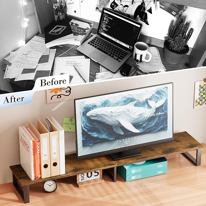 aboxoo 59" Large TV Riser Stand for 32-75 Inch TV, TV Shelf with Steel Legs, Tabletop TV Riser for Home Living Room, Study Office (Brown)