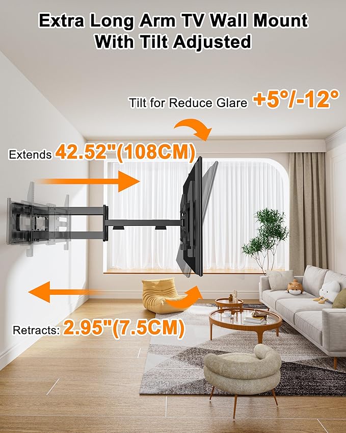 Heavy Duty Long Arm TV Wall Mount for Most 42-95 inch TVs,Full Motion TV Mount with 42.6" Extension Arms,Tilt Swivel Wall Mount Bracket Fits 16-24" Studs Holds 220 lbs,VESA 800x400MM by FORGING MOUNT