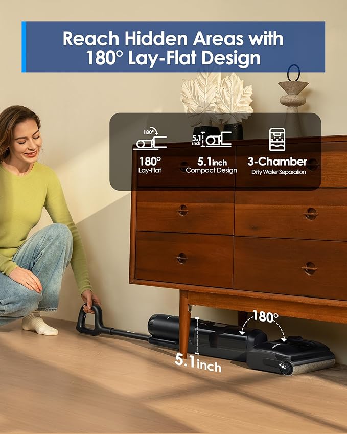 Tineco Floor ONE S7 Stretch Ultra Cordless Wet Dry Vacuum Cleaner, 180°Lay-Flat Anti-Tangle Design, 50 Minutes Runtime, 185℉ Flashdry Self-Cleaning, Dual-Sided Edge Cleaning Floor Cleaner