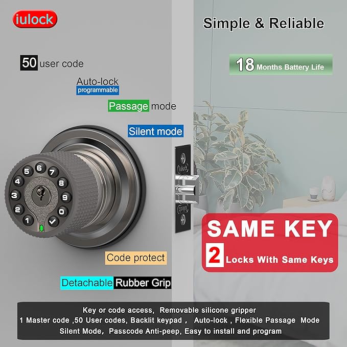 iulock Smart Door Knob with Keypad and Key,Keyless Entry Door Lock with Rubber Grip, Auto Lock,50 User Code,Waterproof, Easy to Install and Program for Bedroom(Stain Nickel Same Key 2 Pack)