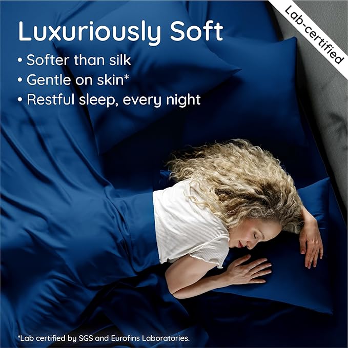 Bambaw California King Sheet Set 4pcs – 100% Viscose Derived from Bamboo Sheets, Deep Pocket Cooling Sheets, Fits Up to 16'' with Elastic Corner Straps, Extra Soft Sheet Set (Navy Blue)