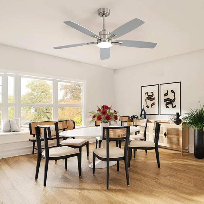 ARTPLAN 52" Ceiling Fan with Light and Remote, Noiseless DC Motor & Reversible Blades - Flush Mount LED Ceiling Fan for Bedroom, Living Room, Dining Room,Nickel