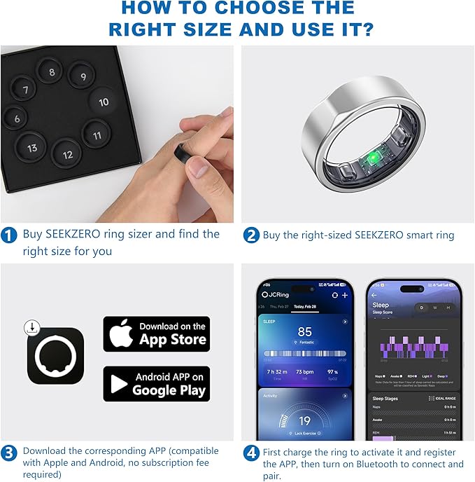 SEEKZERO Smart Ring-Size First Before You Buy, No APP Subscription,7-10 Days of Use,Sleep & Activity Real-Time Monitor, Stress/Heart Rate/SPO₂ Tracker, Compatible with iOS and Android (Silver, 11)