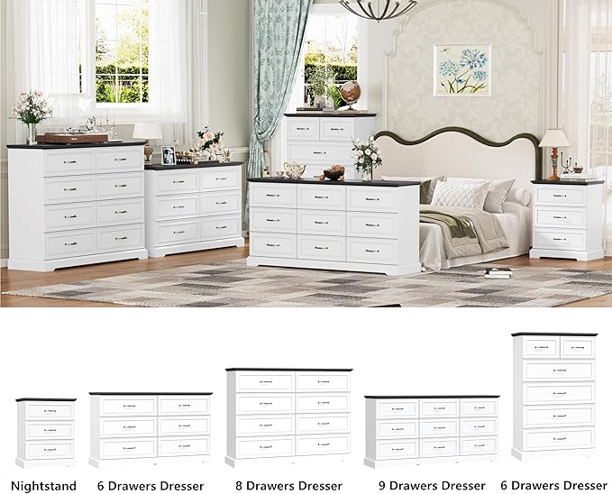 Nightstand with 3 Large Drawers,24" Wide End Table with Metal Handles,Rustic Farmhouse Wood Small Dresser,Bedside Table,Modern Chest of Drawers for Bedroom,Living Room,White