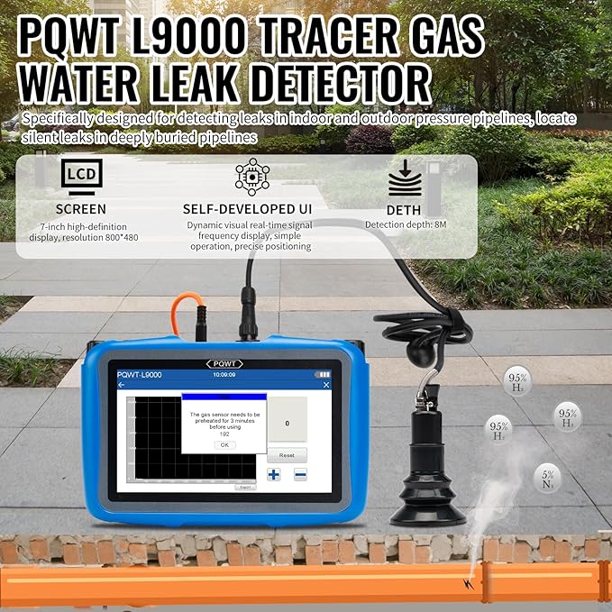 PQWT L9000 Professional Water Leak Detector for Pressure Pipes Combines Acoustic Census Location and Tracer Gas Detection Modes with Touchscreen and Depth up to 8 Meters