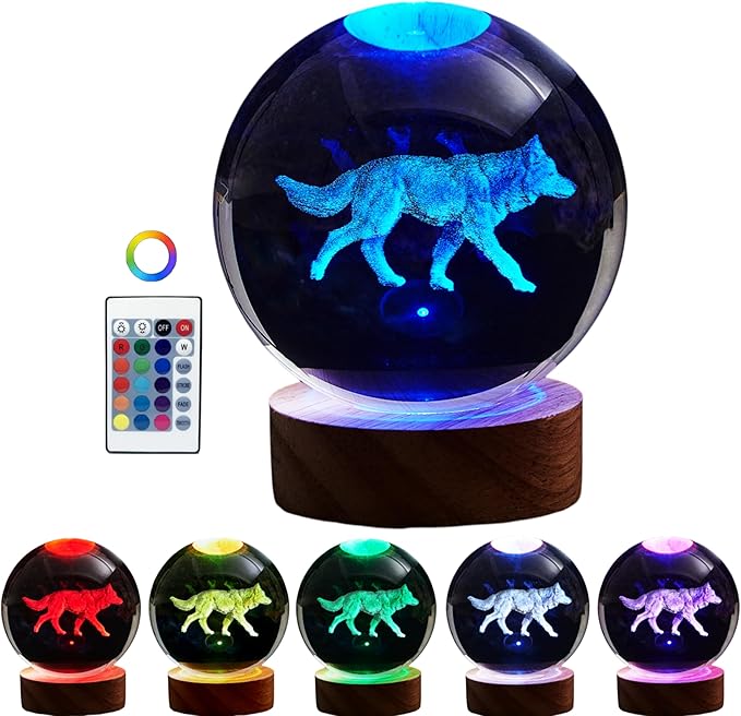 3D Crystal Ball Lamp with Lifelike Wolf, 16 Color Changing Light, Dimmable Remote Control