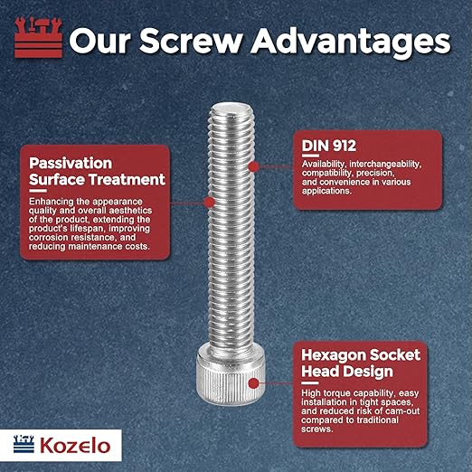 Kozelo 5pcs Socket Head Cap Screws - [M12-1.75 x 60mm] 304 Stainless Steel Allen Socket Drive for Electrical Motor 3D Printing Fan Engine Replacement Use, Silver