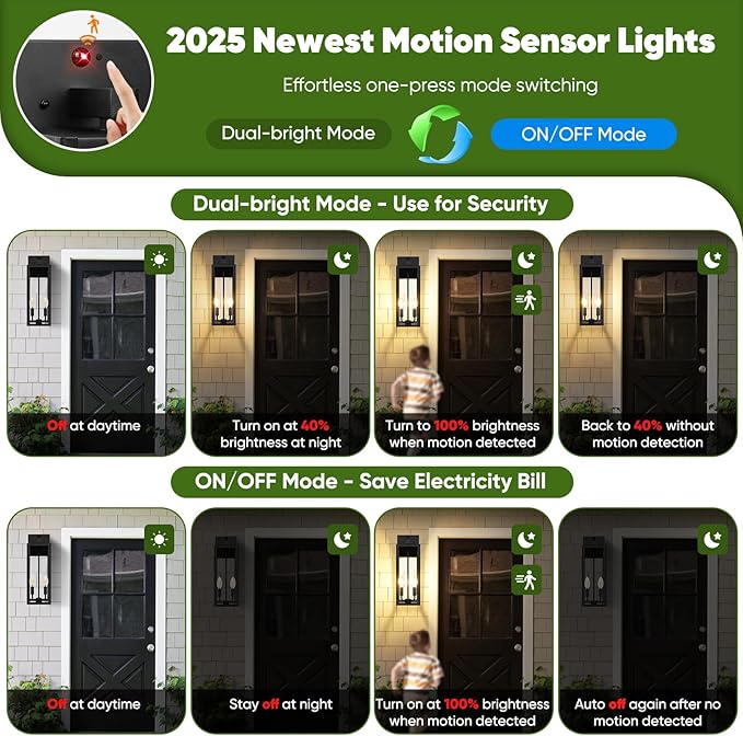 2-Pack Upgraded Motion Sensor Outdoor Wall Lights, 18” Large Dusk to Dawn Porch Lights Outdoor Wall Sconce Lantern, 3 Lighting Modes Exterior Lighting Fixtures, Black Outside Lights for House Garage