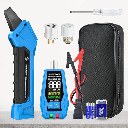 INSTRODOTS Circuit Breaker Finder Tool with Accessories, 90-135V AC Digital Breaker Finder with Integrated GFCI Outlet Tester, Circuit Tracer with Buzzer Alarm & Color Display, Includes Carrying Case