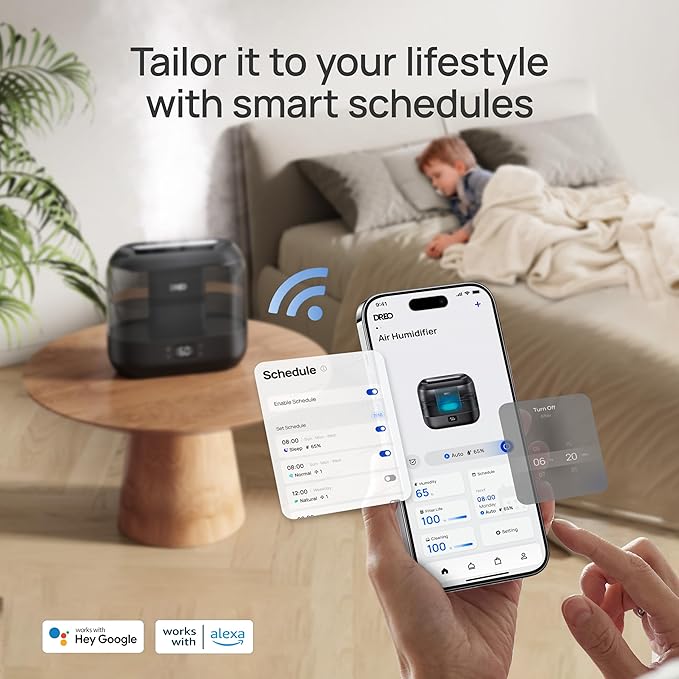 DREO Smart Humidifiers for Bedroom, Top Fill 4L Supersized Humidifier Large Room with 28 dB, 36H Runtime, Touch/APP/Voice Control, Nightlight, Cool Mist Humidifiers for Baby, Plants, Indoor, Black