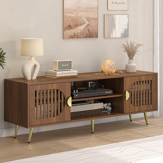 Dorivibe 54.33" Walnut TV Stand for TVs up to 60 Inch, Mid Century Modern Entertainment Center Console Table with Storage Cabinet, Wood Media Furniture for Living Room, Bedroom