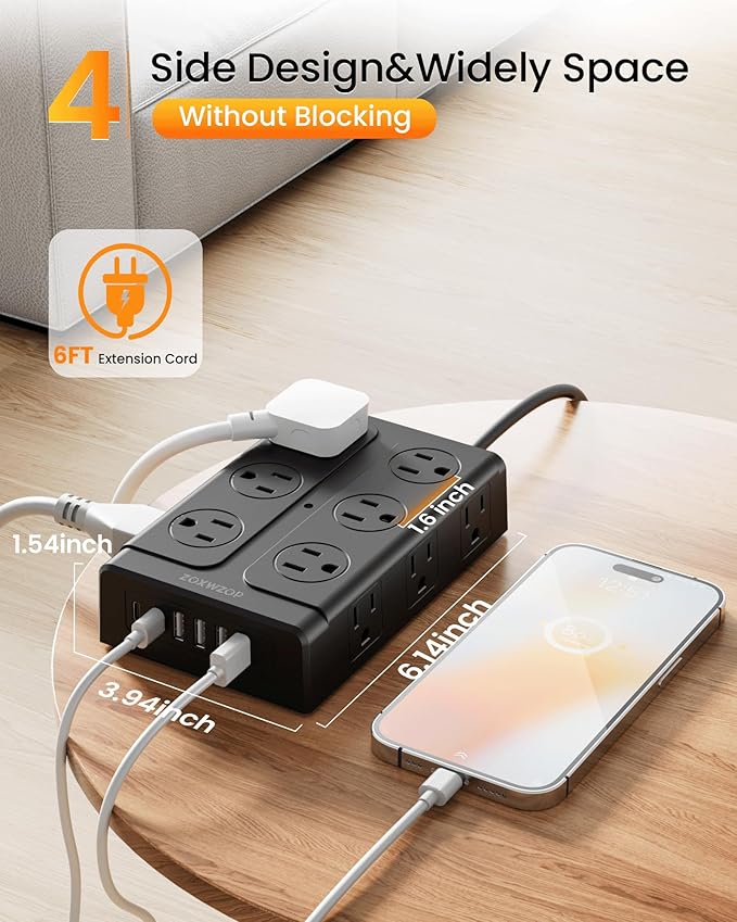 Zoxwzop Surge Protector Power Strip - 12 Outlets(1850W/15A) 6 USB Ports（2 USB C, 6FT Flat Plug Extension Cord, Wall Mount Multi Plug Outlet Extender, ETL Listed for Home, Dorm Room