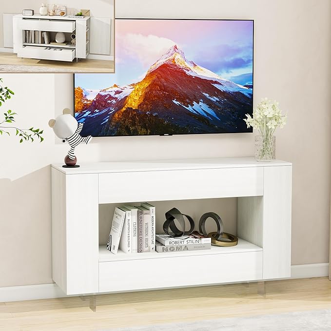 Vavkorkula TV Stand for 55 Inch with 2 Large Drawers & Hidden Storage Cabinets, Modern Farmhouse Entertainment Center Television Stands for Living Room Bedroom, White