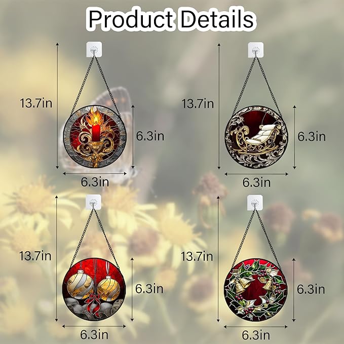 AMDERVEN Stained Glass Window Hanging 4 Pcs Set Christmas Golden Bell Sleigh 6.3" - Suncatcher Door Garden Sun Catcher Decor Birthday Mother's Day Xmas Gifts for Mom Woman Nana Men Parents