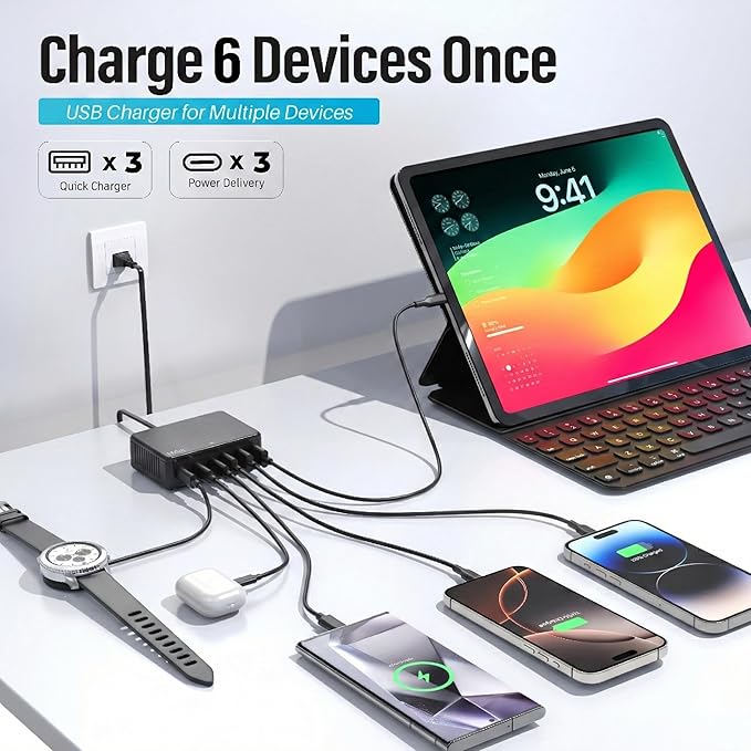 100W USB C Fast Charger, GaN III 6 Port PD+QC Multiport Charging Station Charger Hub, USB Charger Block, USB-C Adapter Plug for iPhone 17,17 Air,16,15, 14, 13, Pro Max, Galaxy S25, S24-5ft Cord