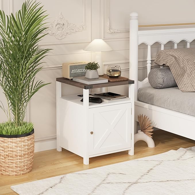 HOSEOKA Farmhouse Nightstand Set of 2 with Charging Station, Rustic End Table Bedroom with Storage Living Room Side Table White Night Stand Industrial Bedside Bed Table with USB Ports and Outlets