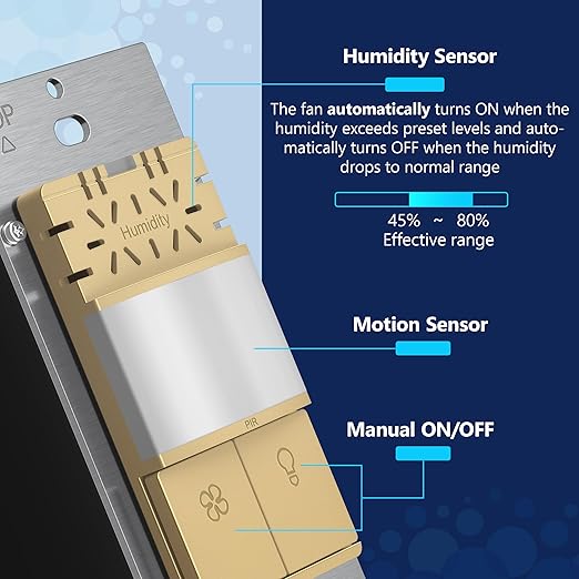 LIDER Humidity Sensor Switch and Motion Sensor Light Switch, PIR Sensor, Humidity Detection, Occupancy/Vacancy, No Neutral Required, ¼ HP, 1-Pole, Gold, Screwless Wall Plate Included