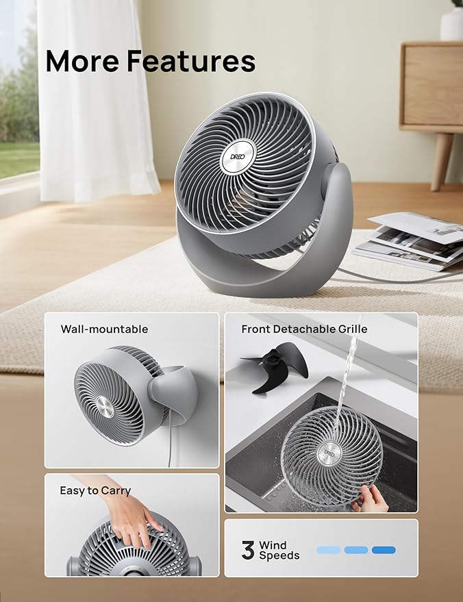 Dreo Fan for Bedroom, Table Air Circulator for Whole Room, 11 Inch, 40ft Strong Airflow, 120° Adjustable Tilt, 28db Low Noise, Quiet, 3 Speeds, 2025 New Desk Fan for Office, Kitchen, Home
