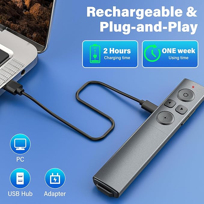 2-in-1 USB Type C Presentation Clicker, Rechargeable Wireless Presenter Remote, Clicker for PowerPoint Presentations, Pointer for Presentations Slide Advancer with Volume Control for Mac,Computer, PPT