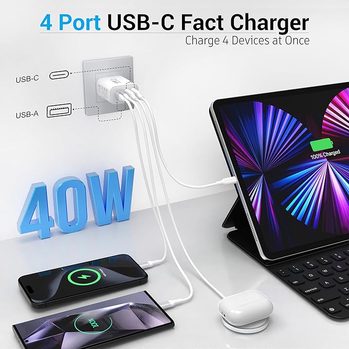 USB C Charging Block, 2-Pack 40W 4 Ports USBC Wall Charger Plug Fast Charging, iPhone Charger QC Multiport Adapter Charger Type C Box Brick Cube for iPhone 17 16 15 14 13 12 11 Pro Max, Samsung Phone