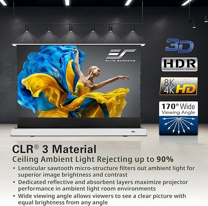 Elite Screens Kestrel Tab-Tension 2 CLR3, 101" 16:9, Ultra-Short Throw Ceiling Ambient Light Rejecting (CLR/ALR) Electric Floor-Rising Motorized Front Projector Screen,White Casing, FTE101XH3-CLR3