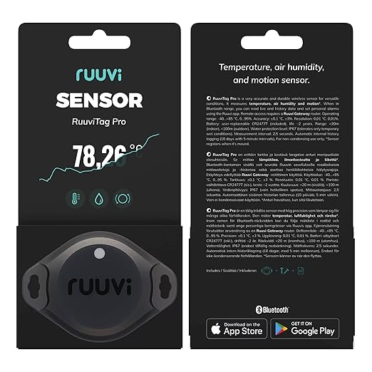 RuuviTag Pro 3in1 Wireless Bluetooth Temperature (°C/°F), Air Humidity and Motion Sensor. Alerts & History. Free Android/iOS apps. Integrates with Victron, Homey, and Home Assistant. Made in Europe.