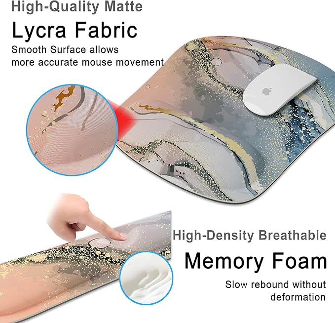 Keyboard Wrist Rest Memory Foam Ergonomic Mouse Pad with Computer Wrist Support Set with Non-Slip Rubber Base Coaster for Home, Office Easy Typing and Pain Relief - Pink Marble