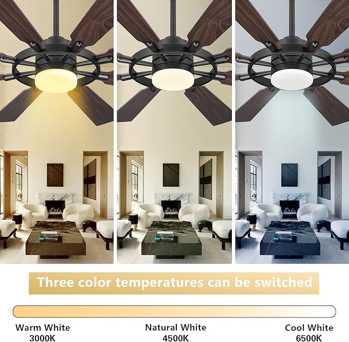 ELEHINSER 60 Inch Ceiling Fan with Lights and Remote Control, 8 Plywood Blades, 6-Speed Noiseless Reversible DC Motor, 3CCT, Windmill Ceiling fan for Kitchen Bedroom Living Room, Black and Walnut