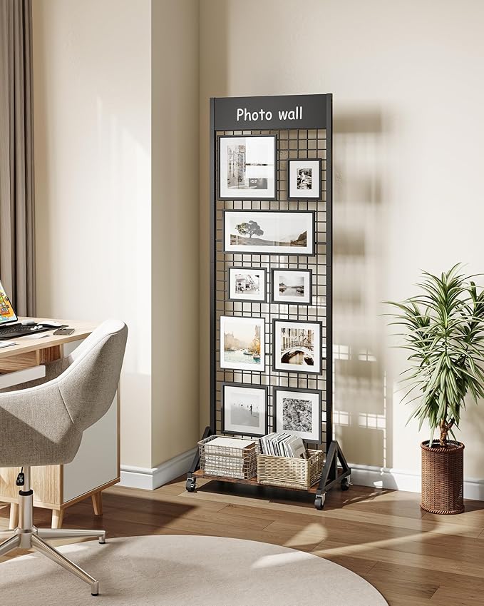 CHOEZON Grid Wall Panel, 2’ x 5.7’ Ft Floor Standing Gridwall Display Rack, Retail Display Stand, with 4 S-Shaped Hooks and 4 Garment Hooks for Entryway Kitchen Outdoor, Rustic Brown and Black TCJ27BF