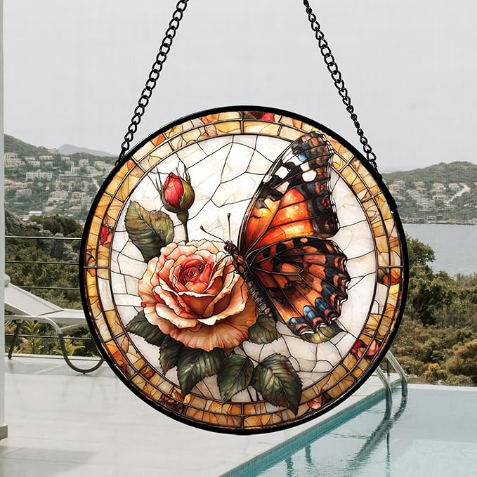 DASTOLL Stained Glass Window Hanging, Butterfly Picking Flowers Suncatcher for Doors Home Sun Catchers Decoration and Christmas, Mother's Day Birthday Gifts for Women, Men, and Mom 14.9x14.9 in