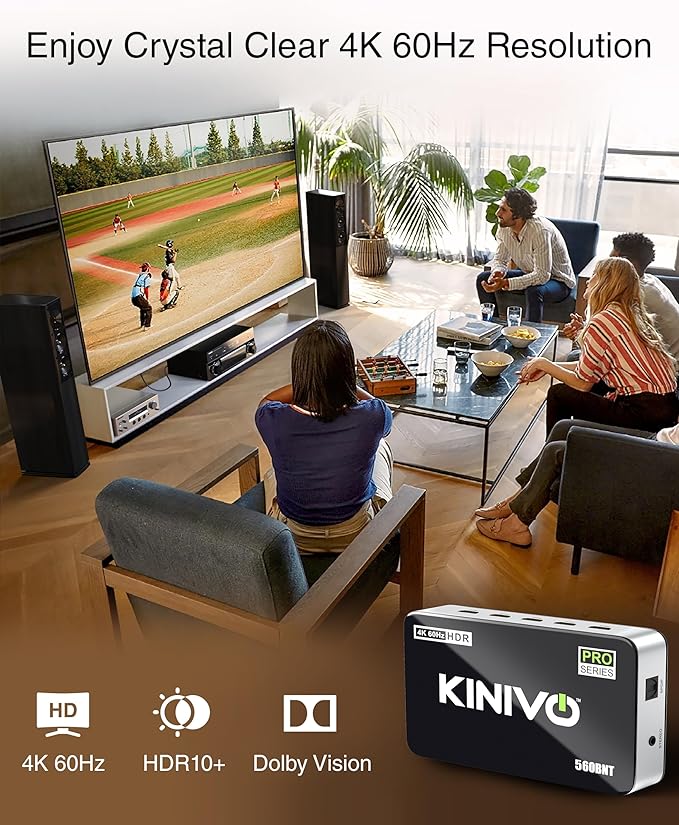Kinivo HDMI Switch with Audio Extractor 560BNT (5 in 1 Out Hub, Toslink Optical Audio Port, SPDIF, 4K 60Hz Switcher, 18Gbps, IR Remote) - Compatible with Gaming Console, Cable TV, PC, Dolby Digital