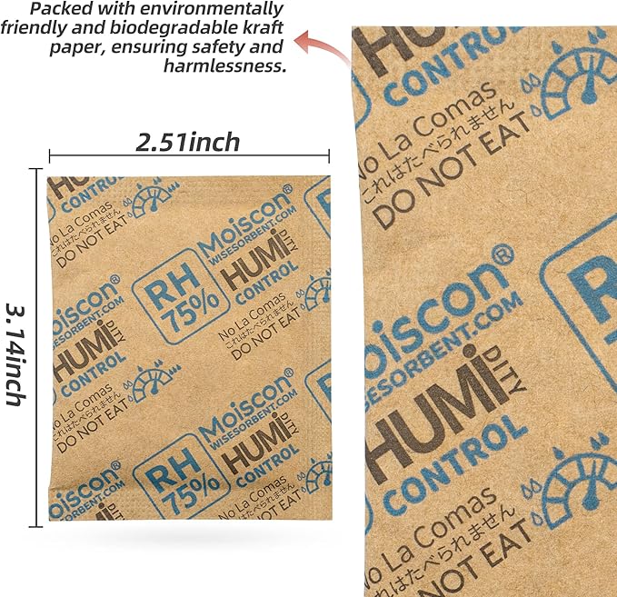 Wisesorb 90 Pack 75% RH Size 8 Two-Way Humidity Control Packs for Storing Up to 5 Items, 8 Gram Moisture Control Packets Individually Wrapped for Small Non-Plastic Travel Cases