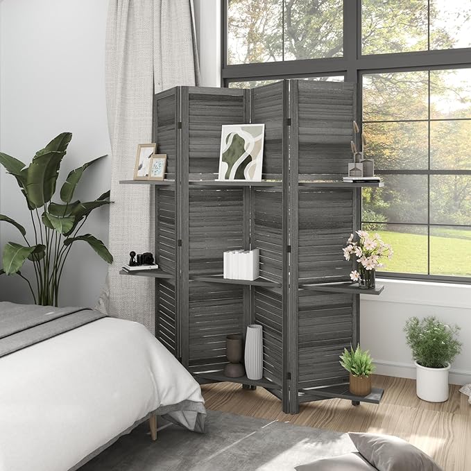 HOMCOM Room Divider, 4 Panel 67" Tall Wood Privacy Screen with 3 Display Shelves, and Folding Storage for Bedroom or Home Office, Gray