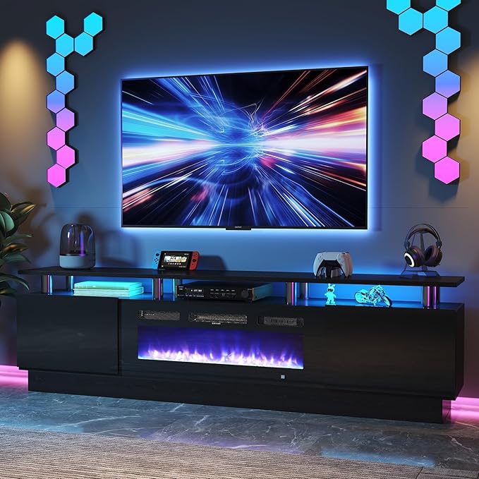 oneinmil Fireplace TV Stand with 36” Electric Fireplace, 2 Tier TV Console Stand for TVs Up to 90"", LED Light Entertainment Center, Fireplace for The Living Room TV Stand, Black, 80''