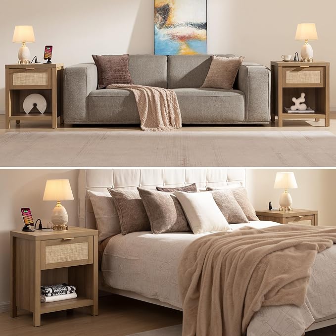 SICOTAS Nightstands Set of 2 with Charging Station Rattan Night Stand with Drawer Boho Bedside Table with USB and Type-C Ports Bed Side Tables for Bedroom Small Space, Oak