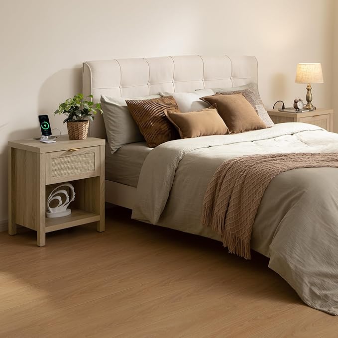 SICOTAS Night Stand with Charging Station - Rattan Nightstand with Type-C and USB Ports, Farmhouse Boho Bed Side Table with Drawer and Open Shelf for Bedroom Small Space, Light Oak