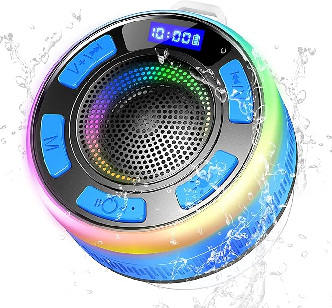 Shower Bluetooth Speaker IPX7 Waterproof, Portable Bluetooth Speakers with Suction Cup and Time Display, Crystal Sound&Bass LED Light 1100mAh, Wireless Shower Speaker for Outdoor/Kayak Dark Blue