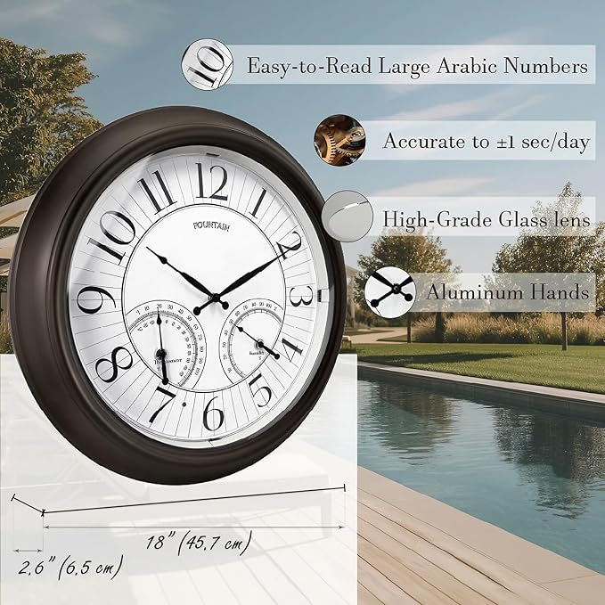 FOUNTAIN DESIGNS 18 Inch Illuminated in/Outdoor Clock with Smart Sensor and Night Light, Waterproof, Large Wall Clock with Thermometer & Hygrometer for Patio,Pool and Garden Decor,Oil Rubbed Bronze