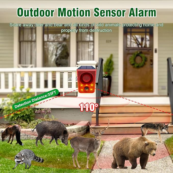 ChunHee Solar Outdoor Motion Sensor Alarm with Dog Barking Gunshot Sound, Support Recording and Adjustable Volume, 130db Loud Noise Maker 3 Work Modes Strobe Light for Home, Villa, Farm, Barn (1pack)