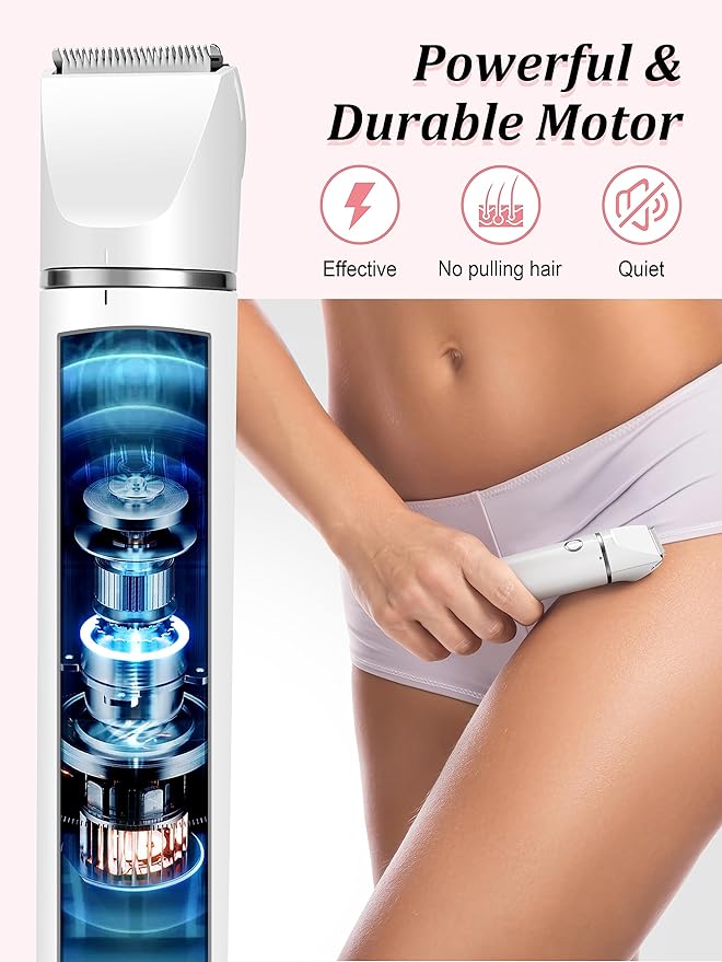 Cayzor Bikini Trimmer and Shaver Kit for Women - 2-in-1 Wet/Dry Electric Body Hair Trimmer Facial Hair Removal Cordless Waterproof Bikini Shaver Razor for Face Lip Chin Pubic Underarm Legs (White)