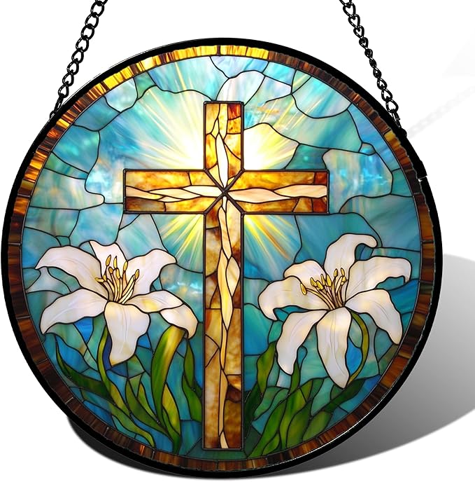 DASTOLL Christian Gifts for Women - Cross Stained Glass Window Hanging Jesus Easter White Lily Flower Sun Catcher Garden Religion Decor Mother's Day Catholic Gift for Men Grandma Mom Her Nana 9.8"