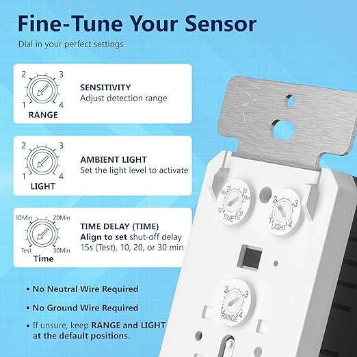 LIDER Motion Sensor Dimmer Switch for Dimmable 200W LED/CFL Lights, 3-Way, 120 V, Modern Upgrade, No Neutral Required, No Ground Required, UL Listed, Wall Plate Included, White, New Version