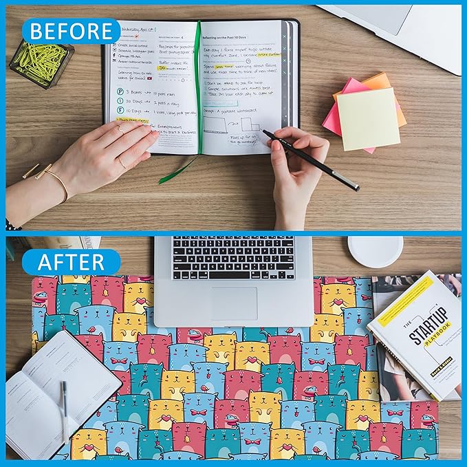 EOBKLAX Kawaii Colorful Cats Desk Mat,Large Gaming Mouse Pad,Non-Slip Rubber Base Desk Pad with Stitched Edges for Desk Office Home Decor 35.4X15.7 Inch