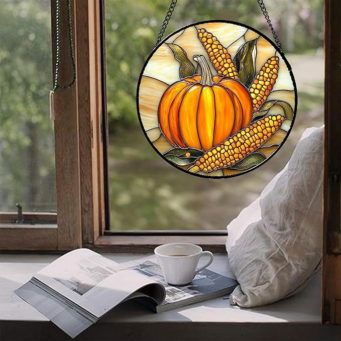 DASTOLL Stained Glass Window Hanging Autumn Harvest Pumpkin Corn 7.8" - Suncatcher Door Garden Kitchen Sunroom Sun Catcher Fall Home Decor Birthday for Mom Grandma Men Woman