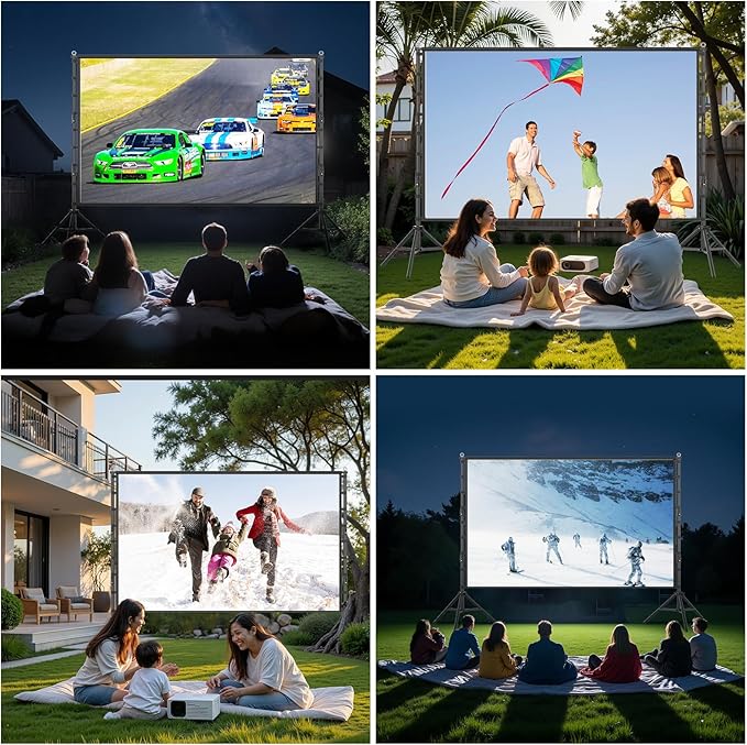 Outdoor Projector Screen with Stand, TOWOND 200 Inch Portable Projection Screen - Dual-Sided 16:9 4K HD Movie Screen, Wrinkle-Free Design & Carry Bag for Backyard Cinema