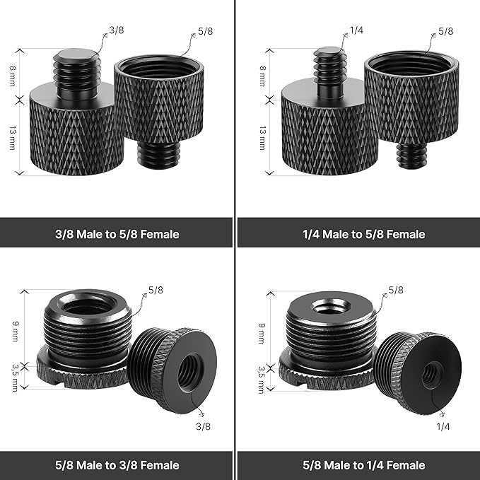 IXTECH Mic Stand Adapter Set - 8 Piece Metal Mic Stand Adapter Kit - 3/8 to 5/8 & 1/4 to 5/8 Female to Male Thread Adapter - Boom Arm Adapter (2)