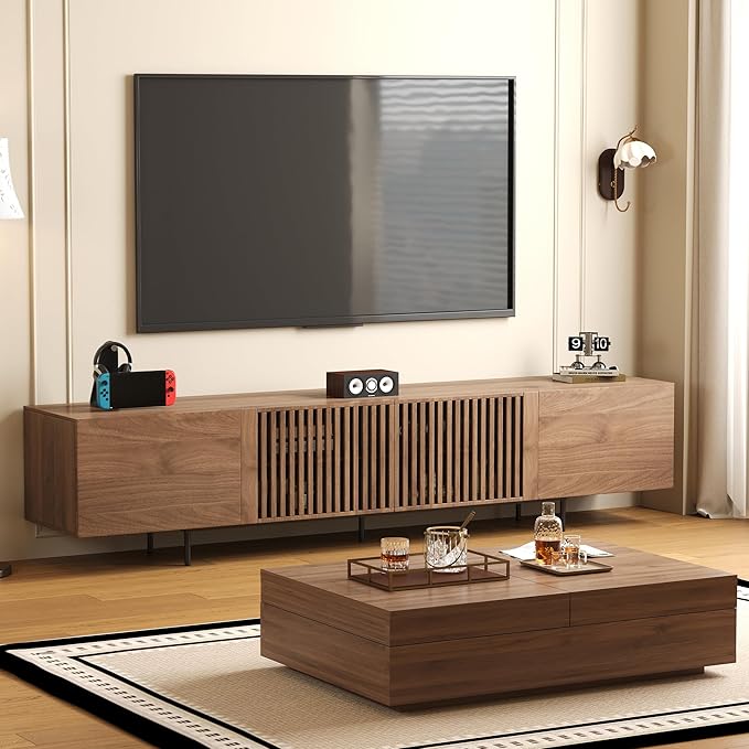 NessCarsti Mid-Century Modern TV Stand & Expandable Coffee Table Set, Walnut Finish, Stylish Storage Combo for Living Room or Bedroom (94.48“TV Stand+Coffee Table)